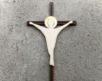 Modern Dark Wooden Wall Cross with Jesus Crucifix,Religious Catholic Christian Gifts, Church Supplies