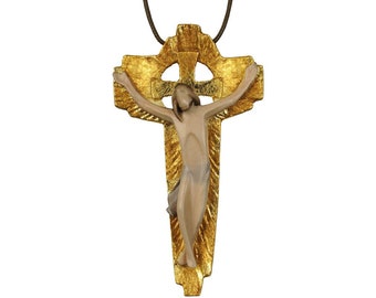 Modern Wooden Crucifix Pendant Necklace, Catholic Religious Gift