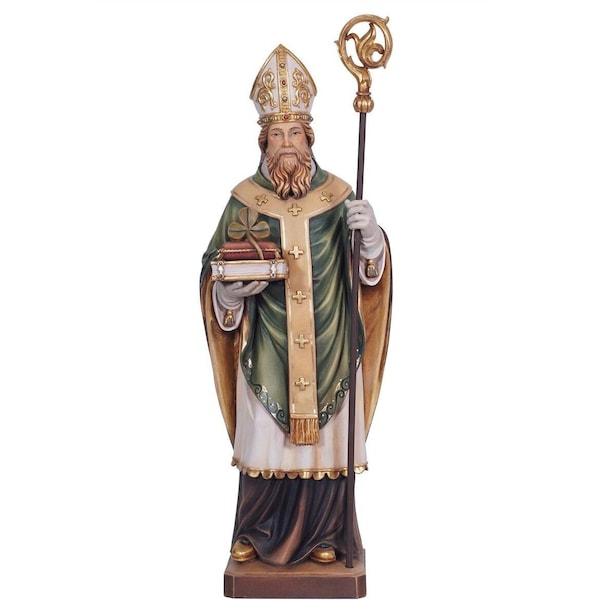 Hand Carved Wooden St. Patrick Statue, Gold Gilded, Catholic Gift