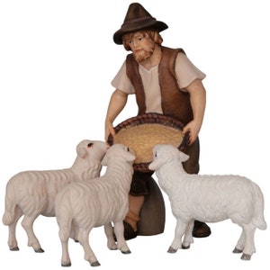 Shepherd feeding three sheep - Folk Folk Religious gift, Church supplies, Christian gift, Catholic Gifs, Christmas decoration