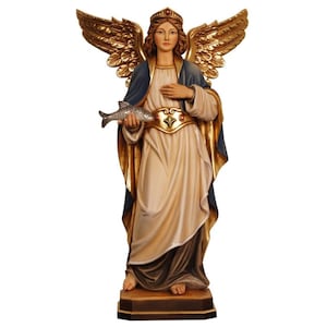 May include: A wooden statue of an angel with gold wings and a crown. The angel is holding a silver fish in its right hand. The angel is wearing a blue and gold robe.