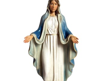 May include: A religious figurine of a woman in a white dress and blue shawl, with her hands open. The statue stands on a blue base with a gold coin and a depiction of the Earth. The statue is approximately 12 inches tall.