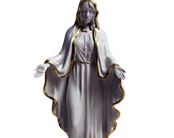May include: A white statue of a woman with outstretched arms, wearing a draped robe with gold trim. The statue has a serene expression and is set on a decorative base with gold accents. The statue is a religious figure.
