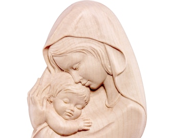 Escultura en relieve de madera de la Virgen María y el Niño, estatua religiosa