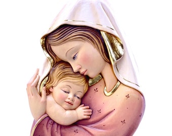 Scultura in rilievo raffigurante la Vergine Maria con il Bambino in legno d'acero dipinta a mano