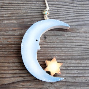 Mond mit Stern aus Holz W Wand Fenster Dekoration Ornament, Kinderzimmer Dekoration Mond