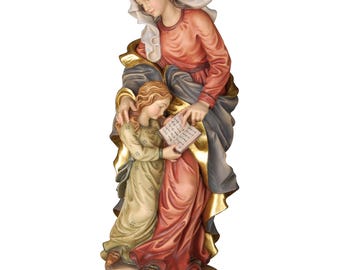 Estátua de madeira de Santa Ana e Maria, pintada à mão, presente católico.