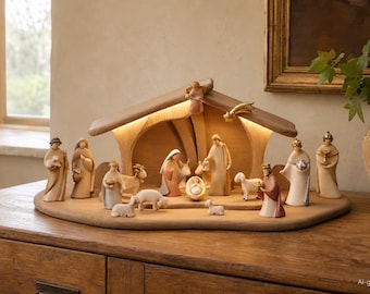 Op de afbeelding: Een houten kerststalset met uitgesneden figuren van mensen en dieren onder een stalstructuur met geïntegreerde verlichting. De set bevat een centrale kribbescène met een baby, volwassenen, schapen en een geit op een houten ondergrond.