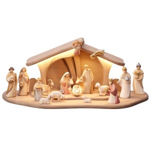 Szopka z oświetleniem Luce z 18 figurkami Drewniana Stajnia, Figurki do szopki, Religijne prezenty katolickie chrześcijańskie, Dekoracje świąteczne