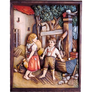 Wooden relief of children at the well Wooden decoration, wooden gifts, original gifts, unique gifts, wooden statue, home decoration, statue
