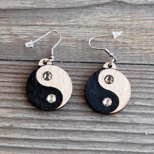 Wooden Earrings YinYang with crystal, Unique gifts for women, Wooden Jewelry, Valentine&#39;s Day gift, Mother&#39;s day gifts