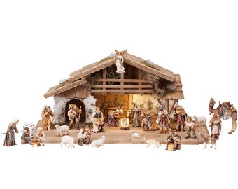 Wooden Alpine stable Rainell with lighting and 29 figurines Wooden alpine with Stable, Nativity Figurines, Religious Catholic Christian