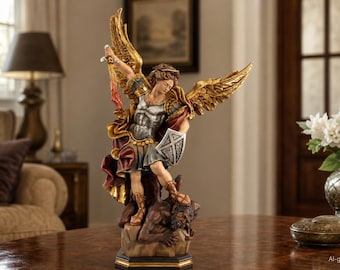 Estatua del Arcángel San Miguel, figura católica de madera pintada a mano, ideal para el altar del hogar y como regalo de protección.