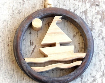 Decoración de barco de madera de fresno, arte náutico para pared (10 x 10 cm)