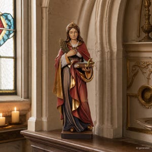 Può includere: Una statua in legno dipinta a mano raffigurante una figura con corona, mantello rosso con fodera dorata e abito lungo. La figura tiene una foglia di palma nella mano destra e un libro con una penna nella mano sinistra su una base rettangolare.