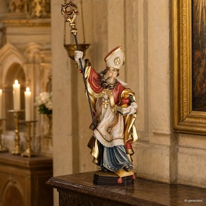 Könnte beinhalten: Eine handbemalte religiöse Figur eines Bischofs mit rot-weißer Mitra, rotem Umhang mit Goldbesatz und einem weißen Albe über einem blauen Gewand. Die Figur hält einen hohen goldenen Krummstab in der einen und ein Buch mit rotem Objekt in der anderen.