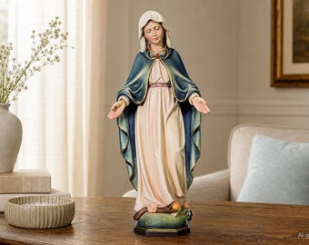 Our Lady of Grace Statue, Hand-Painted Wooden Virgin Mary, Catholic Home Altar Decor & Religious Gift