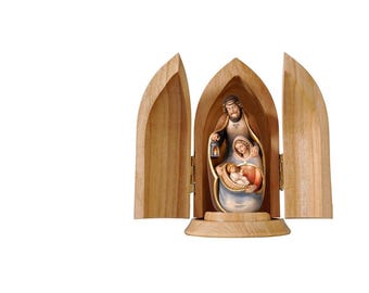 Sagrada Familia tallada en madera pintada a mano, pesebre de la Natividad (4,4 cm)