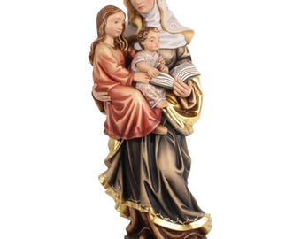 Estátua de madeira de Santa Ana com Maria e Jesus, presente católico.