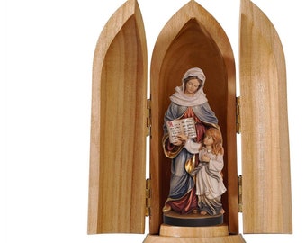 St. Anne Wooden Statue in Niche, Hand-Painted Religious Sculpture