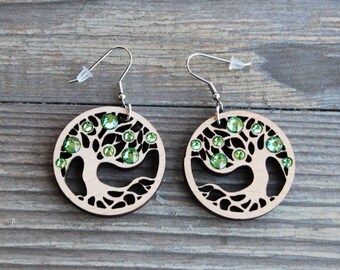 Tree of Life Earrings Tree of Life Wooden Earrings with crystal, Unique gifts for women, Wooden Jewelry, Valentine's Day gift , Mother's day