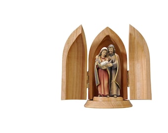 Sagrada Familia tallada en madera pintada a mano en nicho, belén, 5 cm