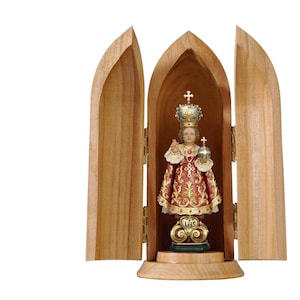 Statue en bois d'un enfant de Prague dans une niche, Sculptures de statues religieuses sacrées de saint grandeur nature, Fournitures d'église, Décoration religieuse catholique