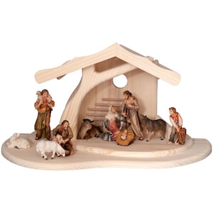 Moderne Krippe mit Stall und 11 Tiroler Figuren -Religiöse Geschenke, Weihnachtsdekoration, Christbaumschmuck, Holzdekoration