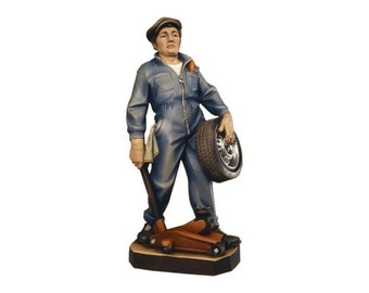 Car Mechanic Wood Carving – Hand-Painted Maple Statue