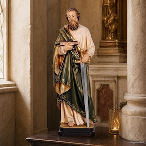 Op de afbeelding: Een staand beeldje van een bebaarde man in een crèmekleurige tuniek en een donkergroene mantel met gouden rand. Het figuur houdt een gesloten boek in de ene hand en rust de andere hand op het gevest van een lang, zilverkleurig zwaard.