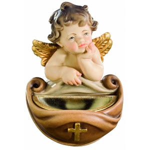 Holy Water Font with angel Raffaello Wooden Slate Holy Water Catholic decoration Holy Water Baptism Church