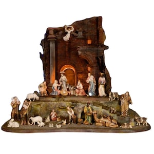 Tiroler Krippe Set - Stall und 31 Figuren Weihnachtskrippe Set mit Stall - Krippenfiguren - Religiöse Katholische Geschenke