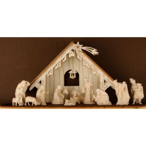 Krippenset mit Stall und 12 Figuren (4cm) Weihnachtskrippe mit Stall - Krippenfiguren - Religiöse katholische Geschenke