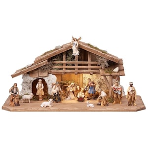 Alpine nativity scene Heimatland with light 16 figures and stable Alpine nativity scene Heimatland with light and 16 figures Wooden Stable,