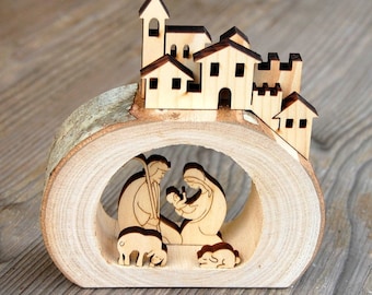 Nativity Log Nativity Holy Family in wooden Log -