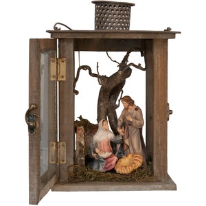 Wooden Lantern with Nativity Crib and family S 13cm -Wooden decoration, Christmas decoration, Christmas Lantern, Religious Catholic Supplies