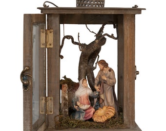 Wooden Nativity Lantern – Hand-Painted Christmas Crib, Religious Decoration