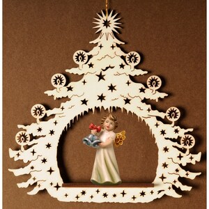 Christmas Tree with angel and bells - Religious Catholic gifts, Christmas gifts, Christmas decoration, Wooden decoration, Hanging decor
