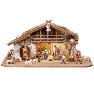 Wooden Alpine stable Kostner with lighting and 16 figurines Wooden Christmas Nativity Scene Set with Stable, Nativity Figurines, Religious