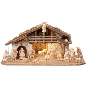 Wooden Alpine Nativity scene with light and 19 figures Wooden Stable, Nativity Figurines, Religious Catholic Christian Gifts, Christmas