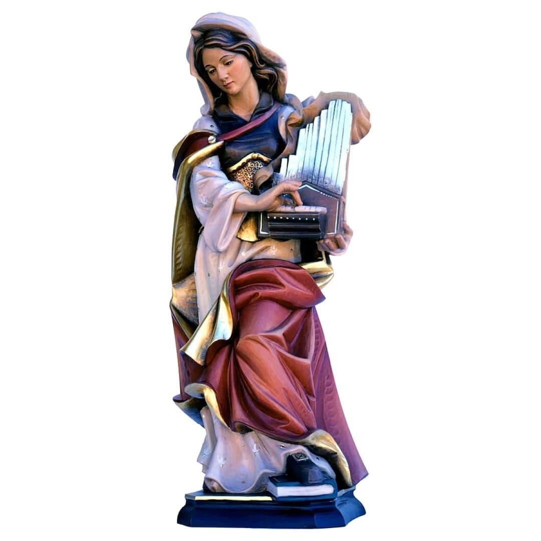 Hand Painted Saint Cecilia Statue, Wood Carved Religious Sculpture - Etsy