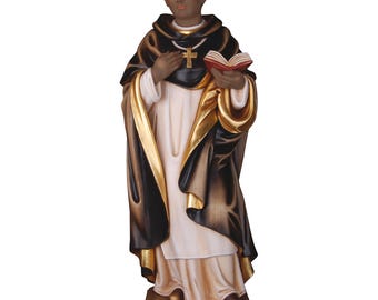 Saint Martin Porres Wooden Statue, Hand-Painted, Gold Leaf Detail