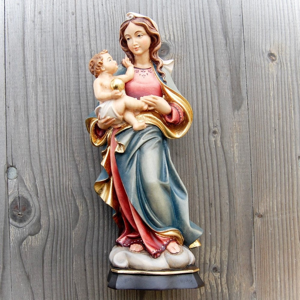 Adoring Targa In Legno Madonna Con Bambino | Decoro Religioso Da Tavolo 9x15 Cm Con Scritta Natale