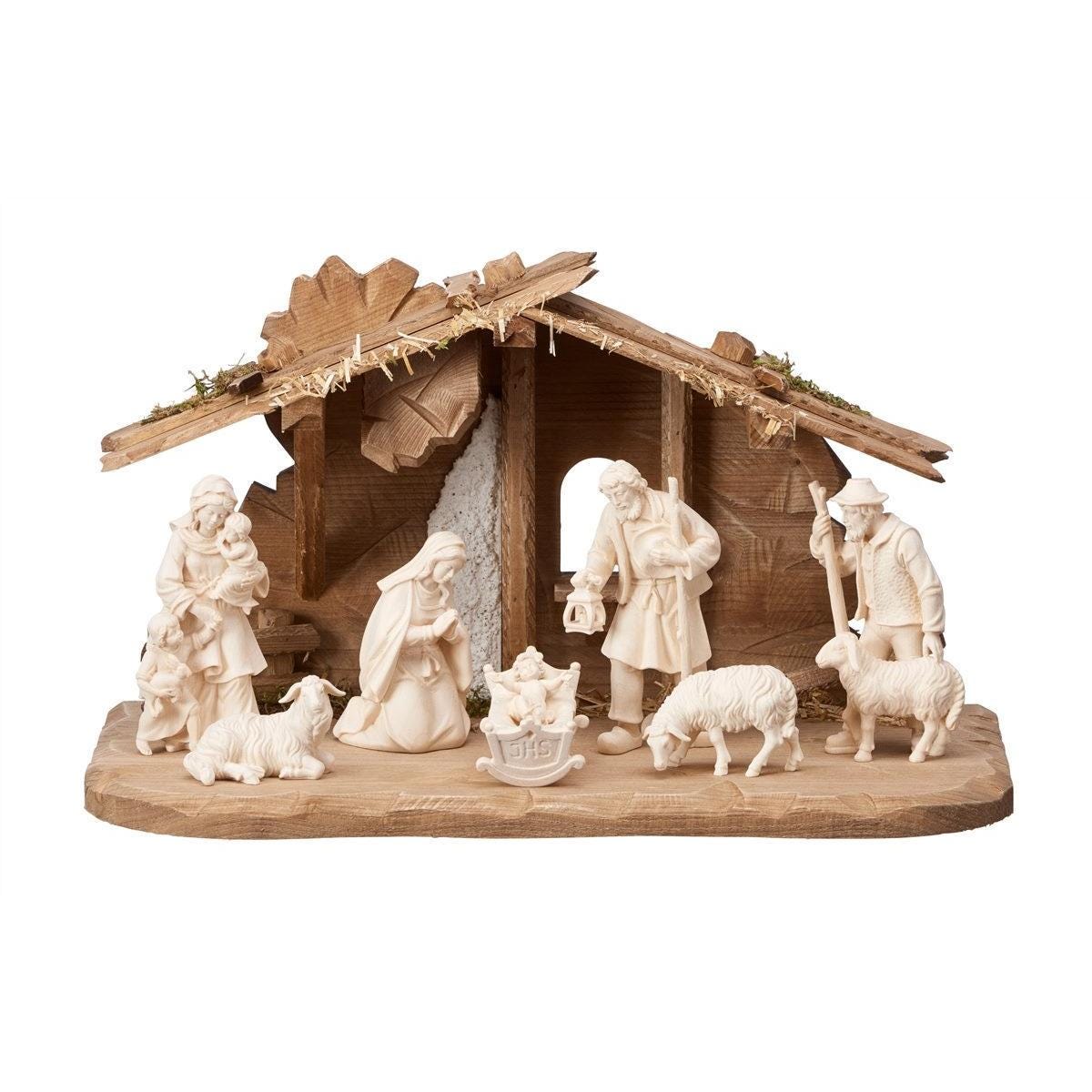 キリスト降誕セット HE 7体の人形とチロルの馬小屋付き 木製馬小屋