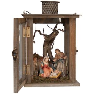 Wooden Lantern with Nativity Crib and Family B 10cm -Wooden decoration, Christmas decoration, Christmas Lantern, Religious Catholic Supplies