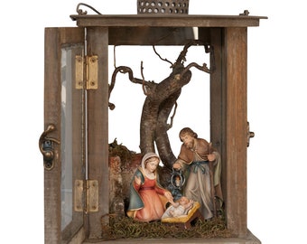 Hand-Painted Nativity Scene Wooden Lantern – Christmas Decoration