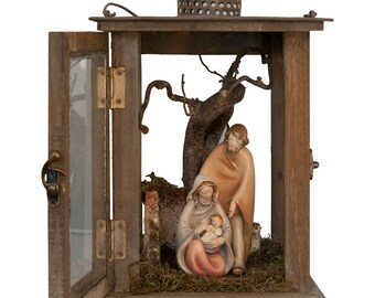 Hand-Painted Holy Family Wooden Lantern – Christmas Nativity Decor