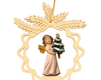 Houten kerstornament engel - ronde dennenboom, katholiek cadeau