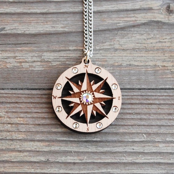 Handmade Wooden Compass Pendant Necklace with Crystal