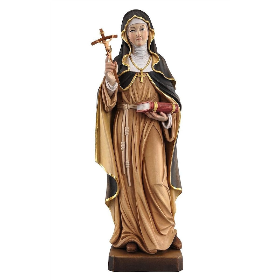 Hand Carved St. Monica Statue With Cross, Painted Wood Religious